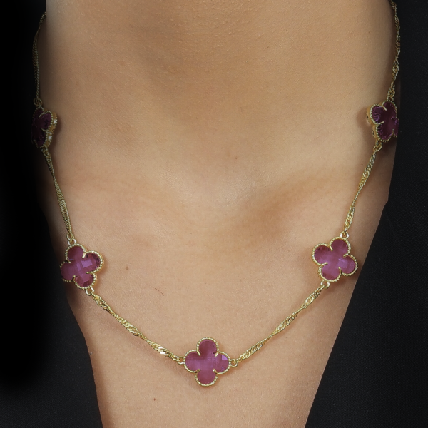 Colar Dourado 5 Trevos Rosa - Imagem 2