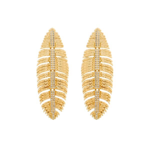 Brinco Dourado de Pena Cravejado de Zircônia
